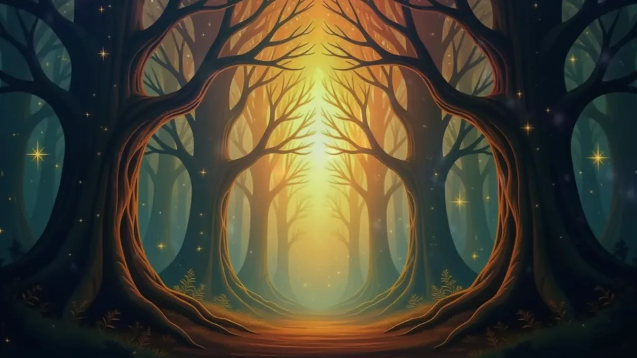 Dichter Waldweg wie eine Kathedrale aus Bäumen, durchflutet von goldenem Licht