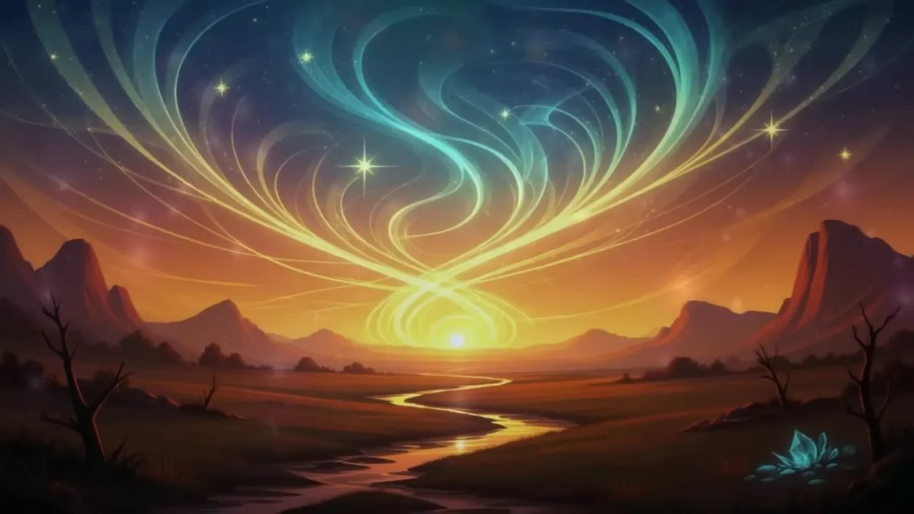 schmaler pfad oder bach führt durch eine weite ebene auf eine leuchtende horizon mit wirbelnden lichtstreifen