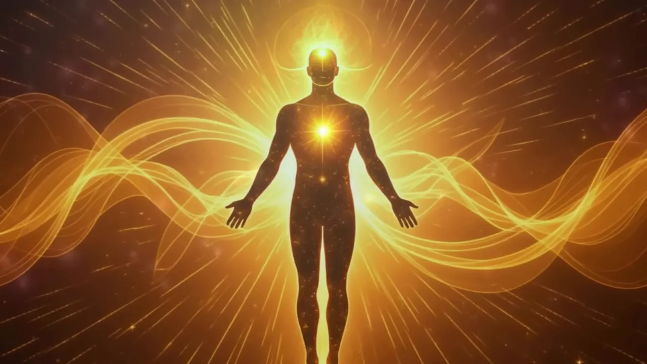 Schwarze Silhouette mit leuchtendem Herz- und Scheitelpunkt, umgeben von fließenden goldenen Energie­bahnen.