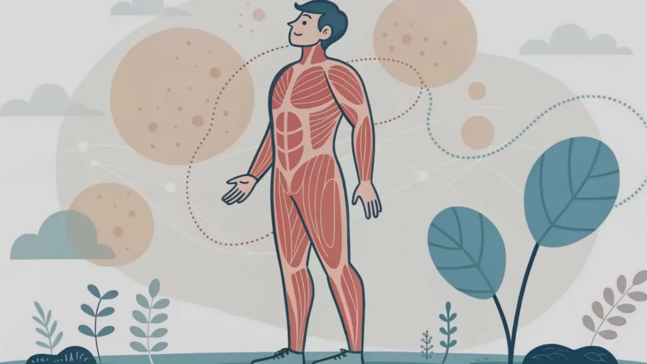 Klare Illustration eines stehenden Menschen mit sichtbarer Muskulatur, helle und scharfe Darstellung.