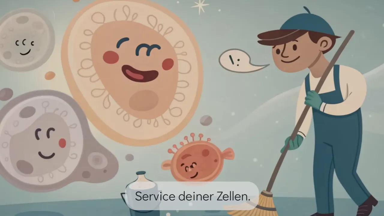Cartoon: Person fegt vor fröhlichen Zellen, Textblase und Untertitel 'Service deiner Zellen' sichtbar.