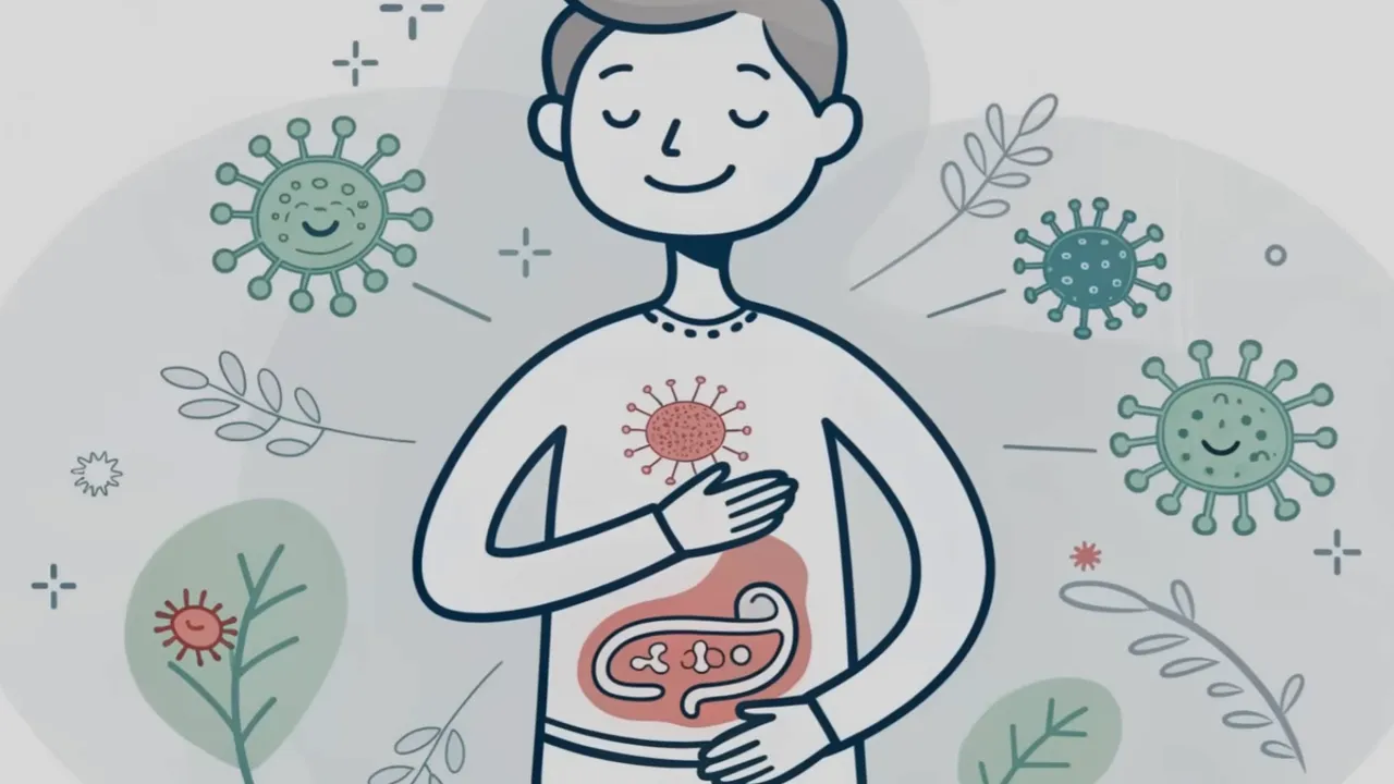 Klares Cartoon-Bild: lächelnde Person mit hervorgehobenem Darm und freundlichen Mikrobiensymbolen, symbolisiert Regeneration der Darmflora.