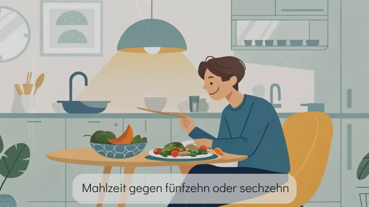 Illustration: Person isst am Küchentisch in heller Küche; Text-Overlay 'Mahlzeit gegen fünfzehn oder sechzehn'.