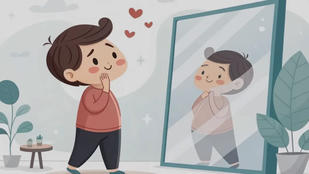 Klare Illustration: Person schaut glücklich in den Spiegel, Reflexion zeigt einen flacheren Bauch.