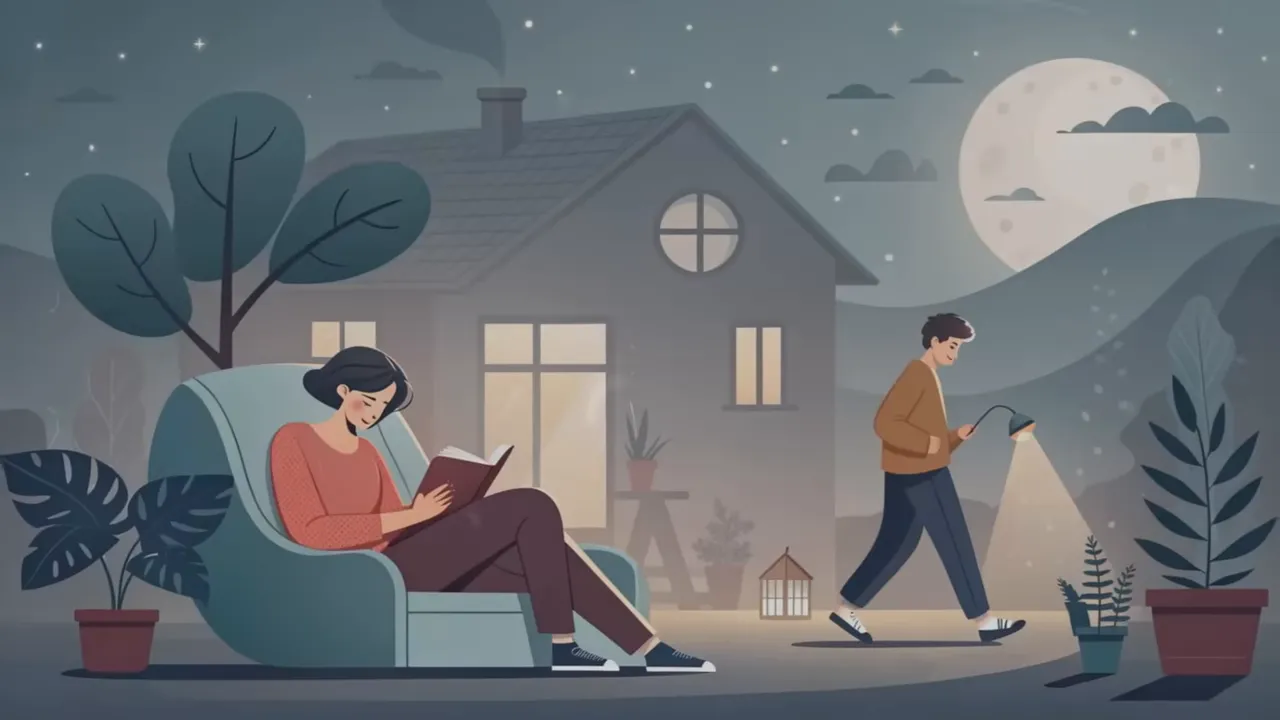 Abendliche Szene: Person liest entspannt im Sessel, im Hintergrund geht eine andere Person spazieren bei Mondlicht.