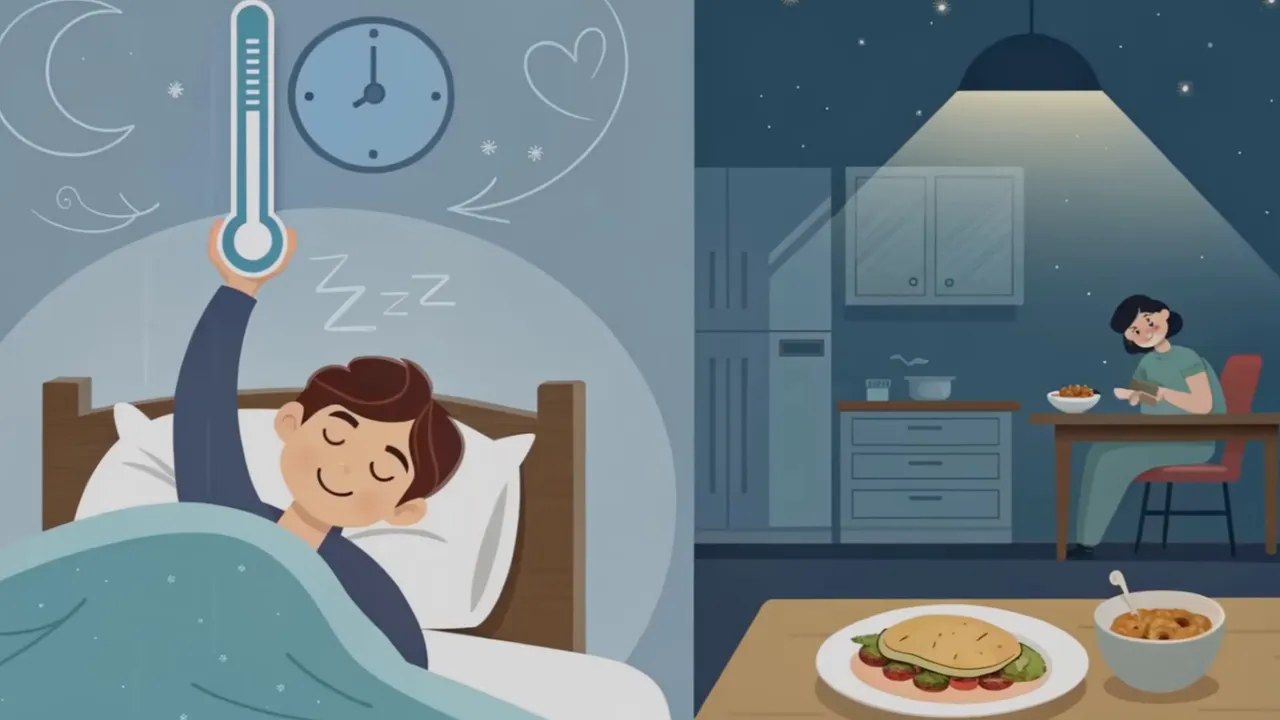 Geteilte Illustration: auf der linken Seite eine Person schläft friedlich, rechts sitzt jemand spätabends am Küchentisch und isst