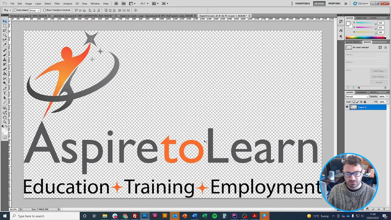 AspireToLearn logo in Photoshop with checkerboard background showing clear space around the mark