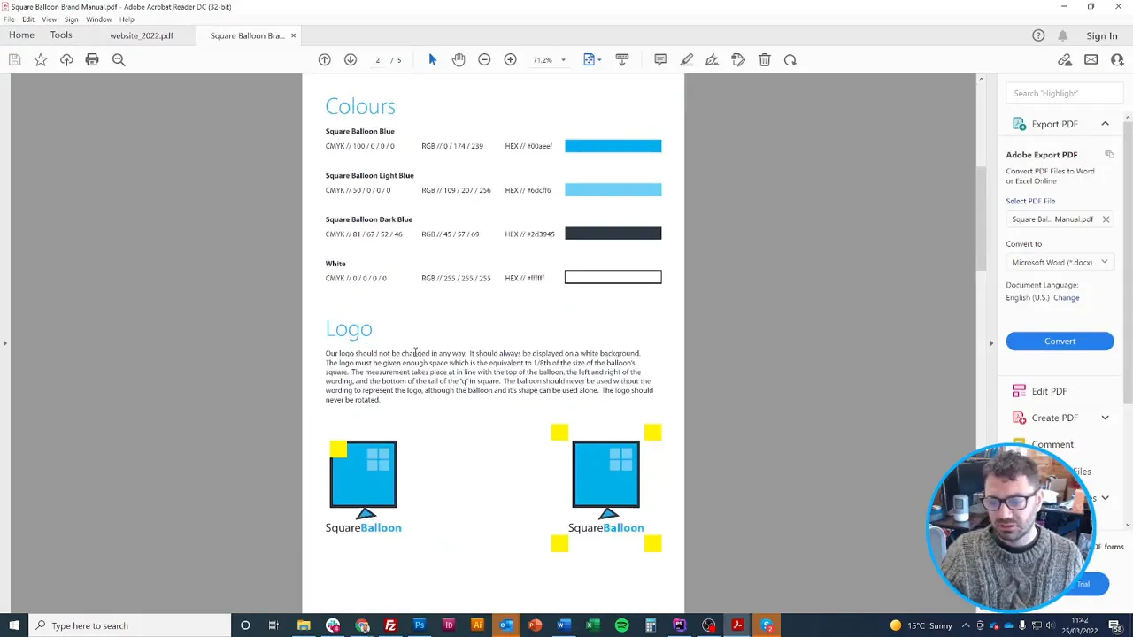 Brand guidelines page showing logo examples with yellow square markers indicating the clear space (X) around the logo.