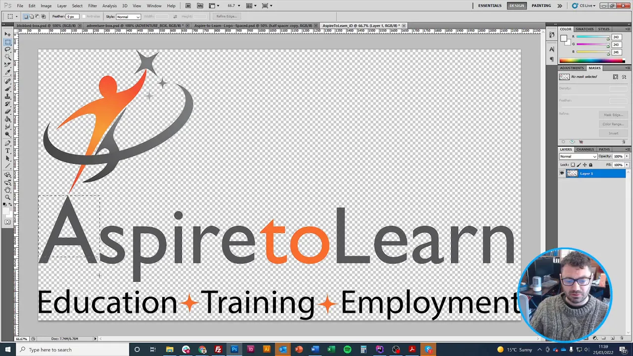 Photoshop screenshot of the AspiretoLearn logo with a dashed selection box around the left 'A' to indicate choosing a component to define the X clear‑space; presenter overlay visible.