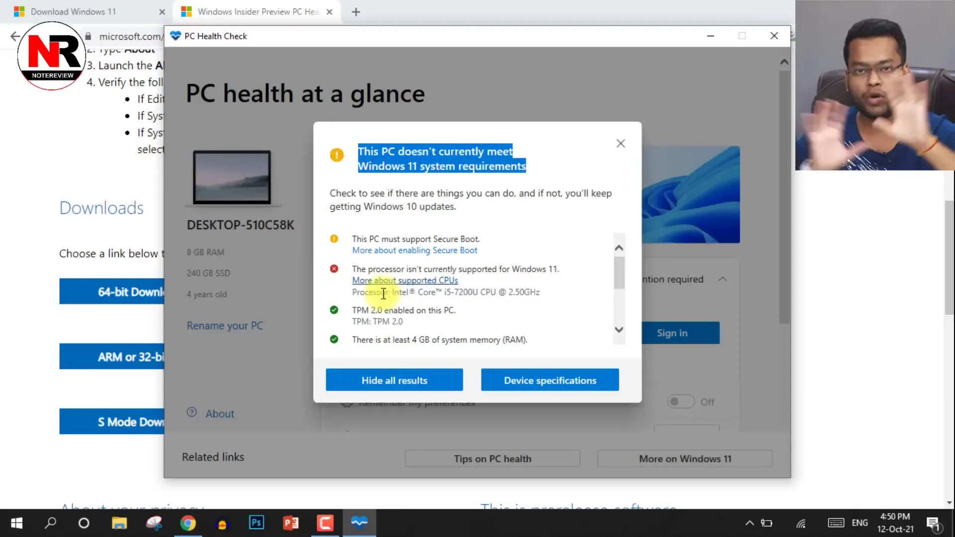 PC Health Checker results showing issues