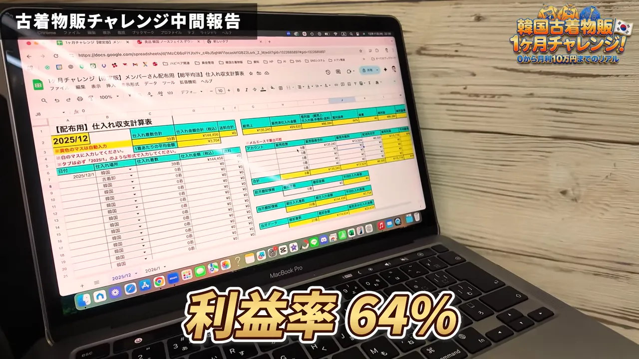 MacBookの画面に表示された利益率64%のスプレッドシート