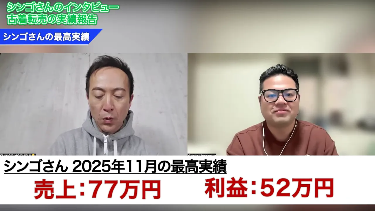 オンラインインタビューの画面、売上「77万円」・利益「52万円」と大きく表示された実績スライド