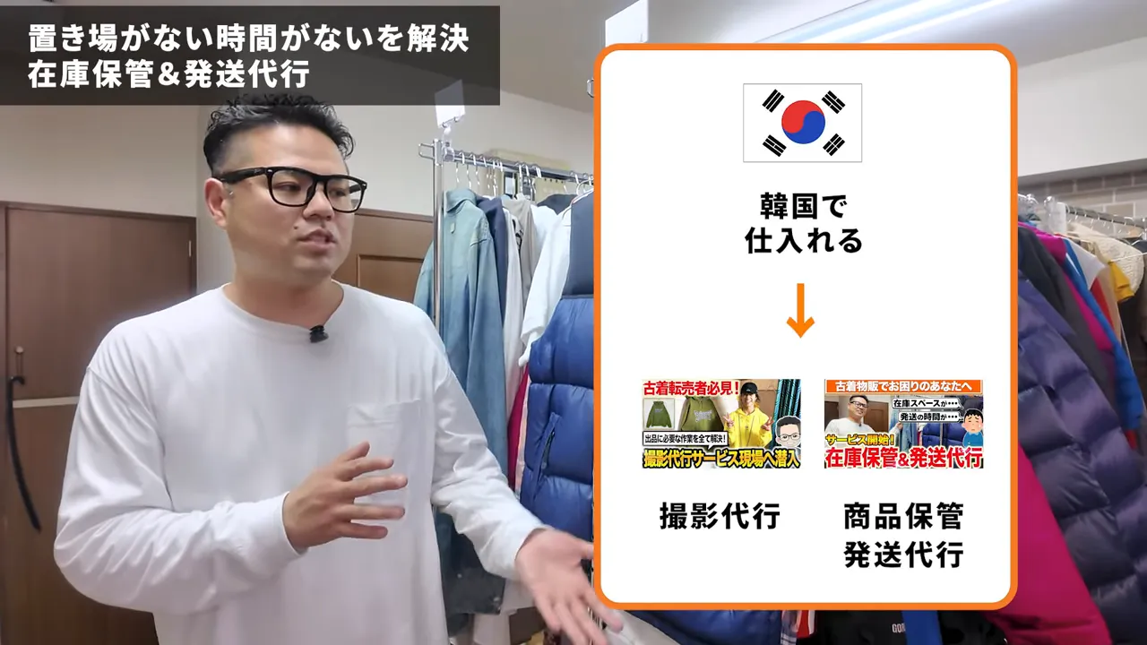 韓国で仕入れる→撮影代行/商品保管・発送代行へ繋がるフロー図のスライドと説明する人物