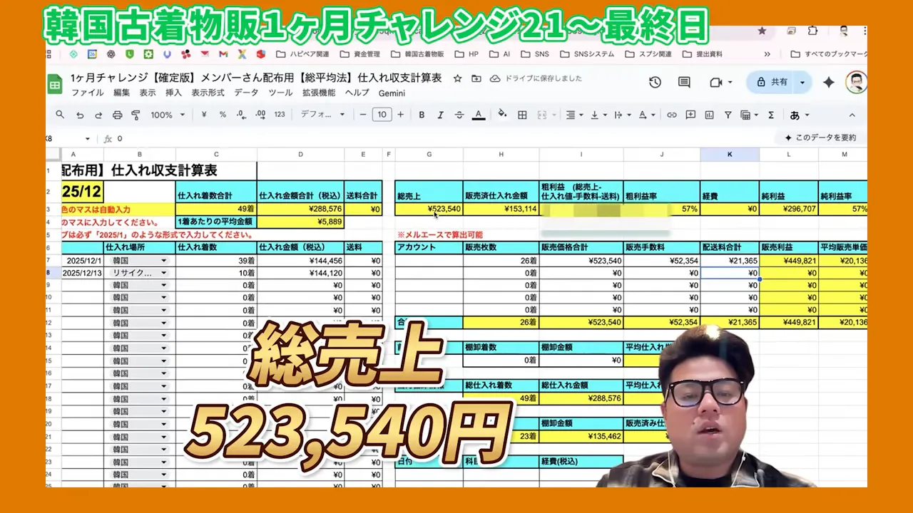 スプレッドシートの売上集計と大きく表示された「総売上 523,540円」のスクリーンショット