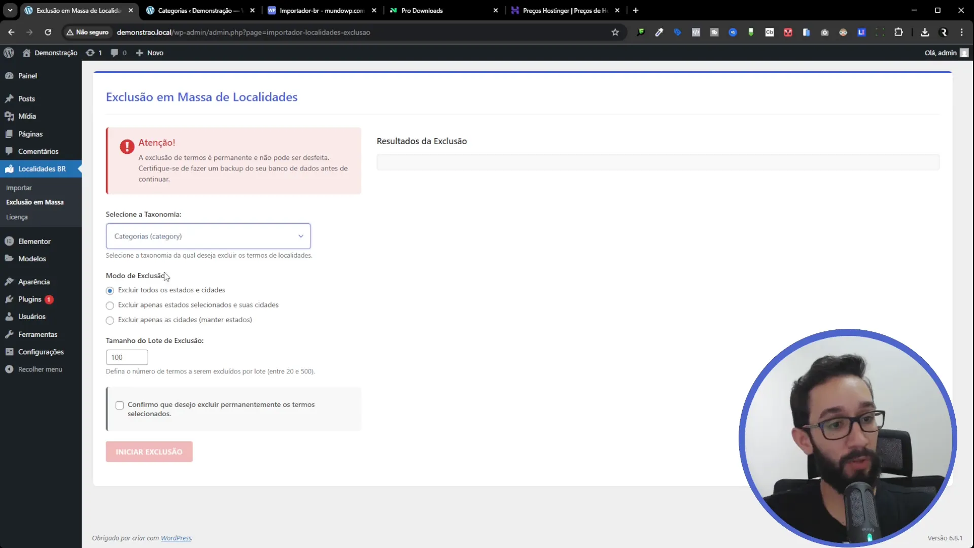 Tela de exclusão em massa de cidades e estados no WordPress