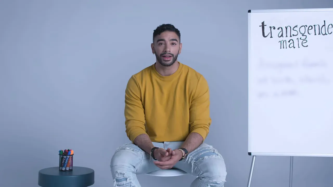Trans man presenting on camera beside a whiteboard about online dating and disclosure