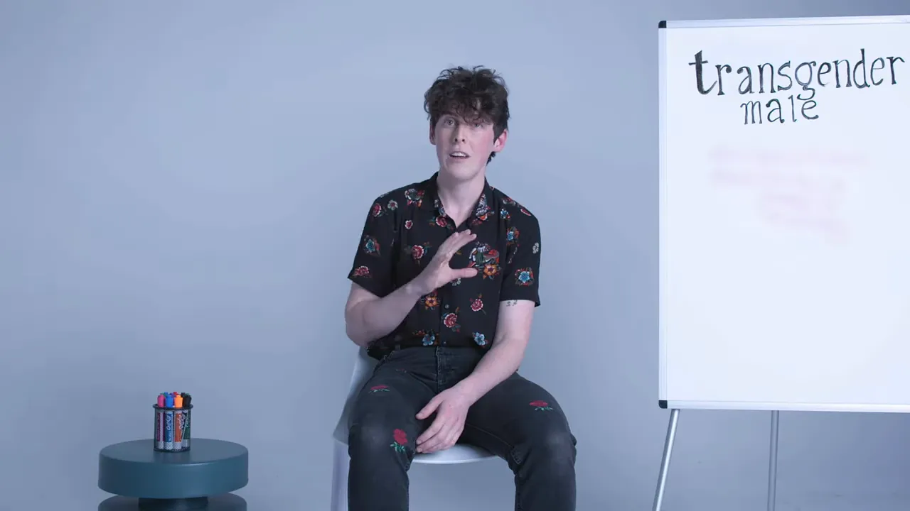 Presenter sitting beside a whiteboard reading “transgender male,” speaking to camera
