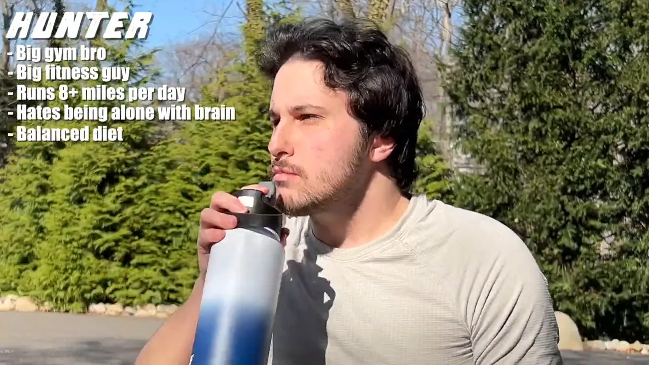 person standing outdoors in athletic clothes holding a large water bottle with a text list on screen