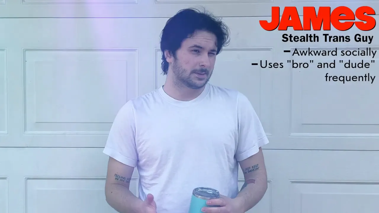 person in a white shirt standing in front of a garage door with red text reading James and a bullet list on screen
