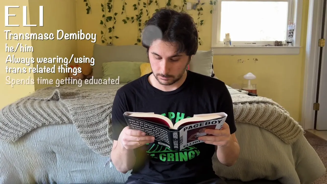 person sitting on a bed reading a book with white on-screen text listing traits next to the name Eli