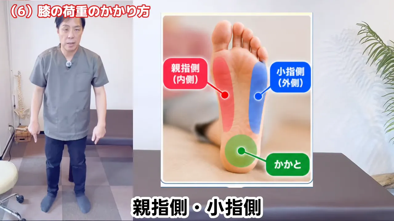 足裏の親指側、小指側、かかとを色分けした図