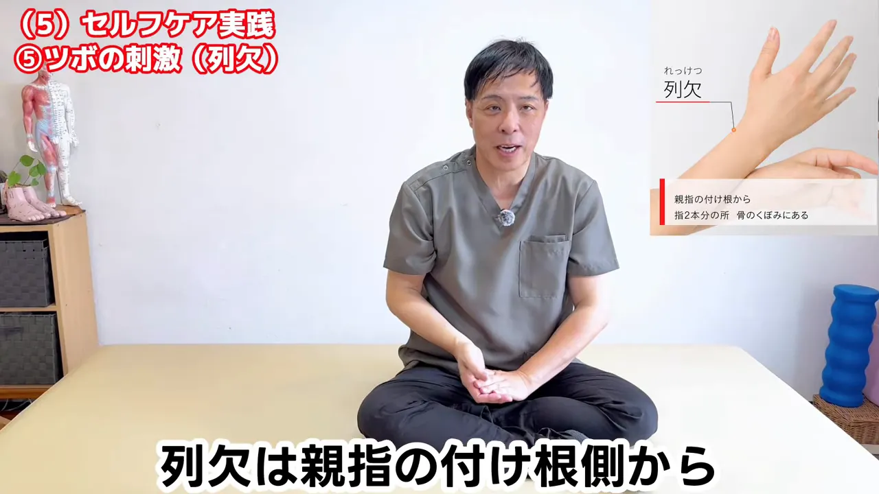 手首の列欠の位置を示す図と実演の画面が並んでいる