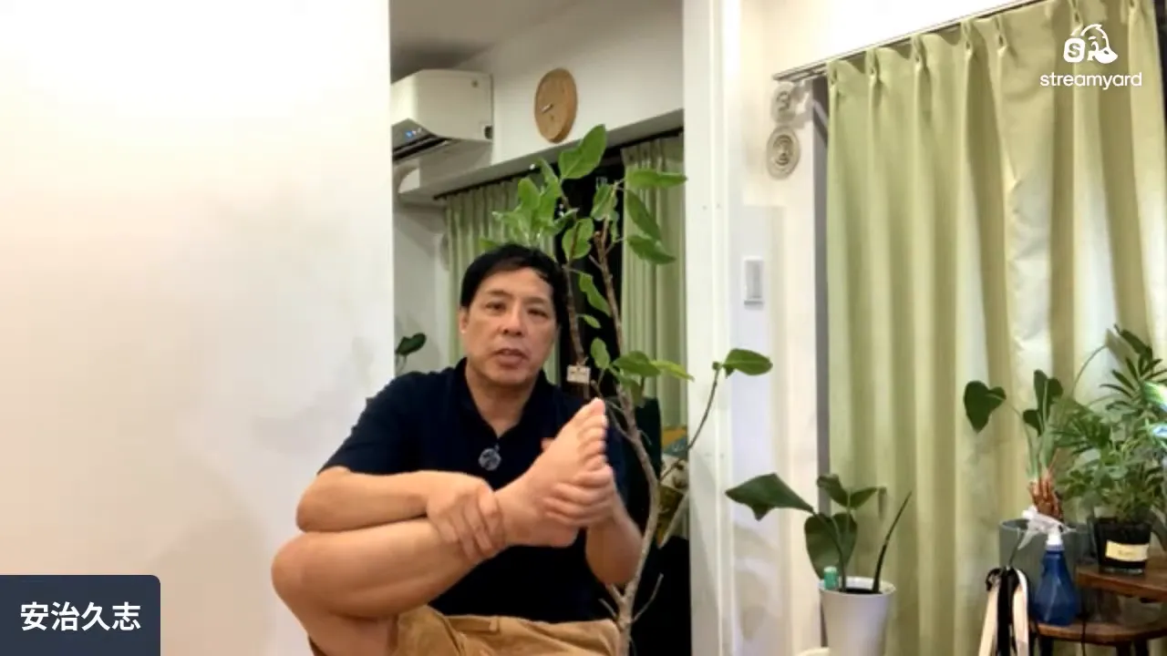 床に座って片足首を手で回している男性