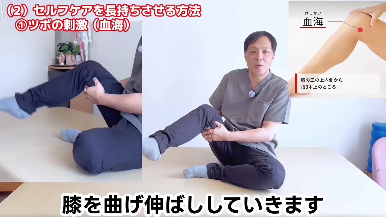 膝の内側上部を押さえながら膝を曲げ伸ばししている様子と位置図