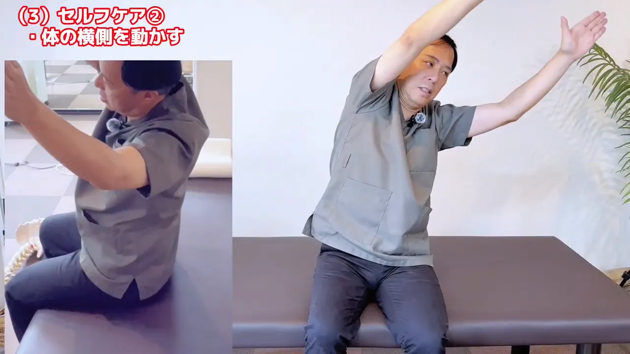 座って両腕を上げ、上半身を横に倒している様子