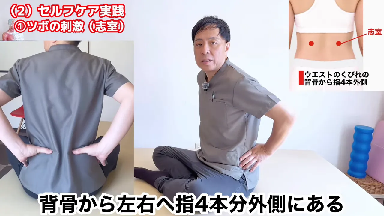 背中側のツボ位置を手で示す拡大映像と座って腰に手を当てている姿