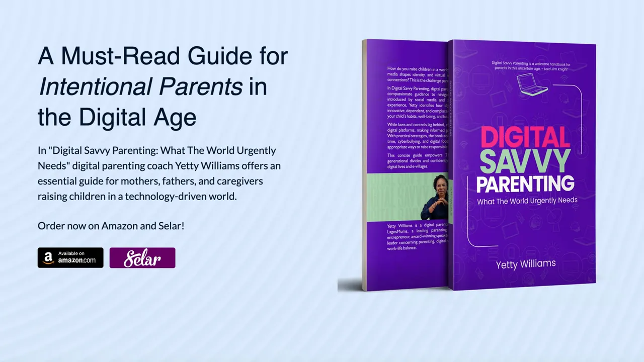 Digital Savvy Parenting book cover and ordering information on a promotional slide