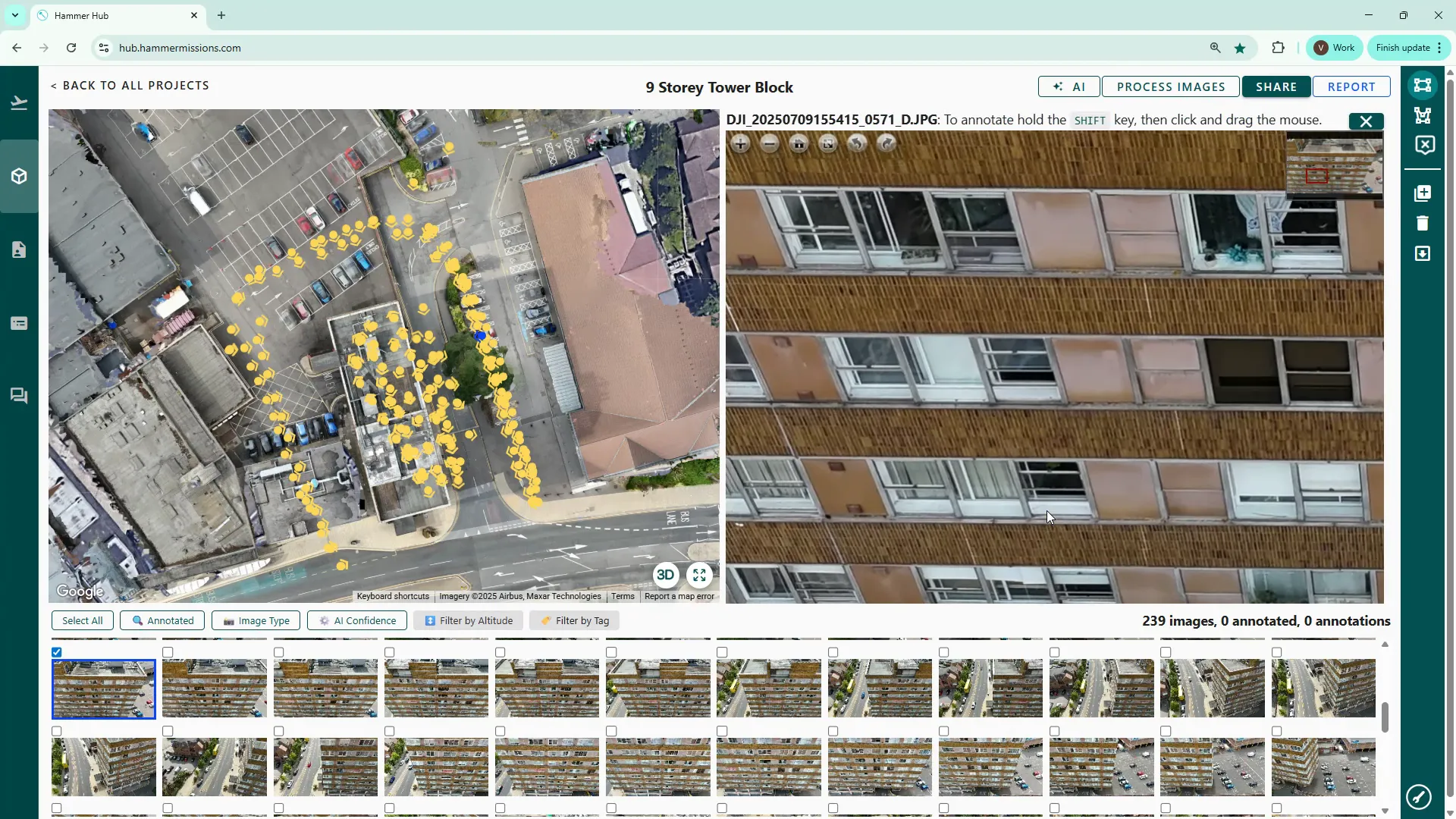 Zooming in on the façade to inspect potential defects