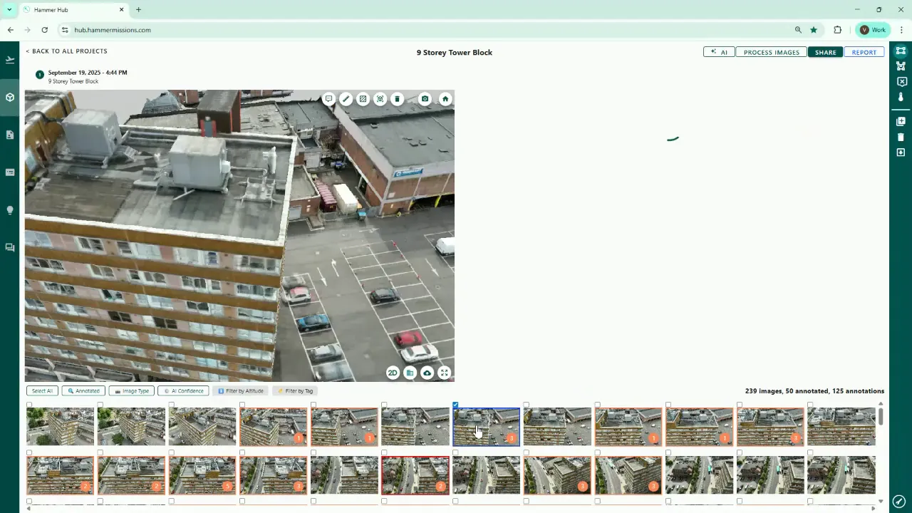 Hammer Hub viewer showing a loaded 3D rooftop model with tool icons and image thumbnails beneath the viewer