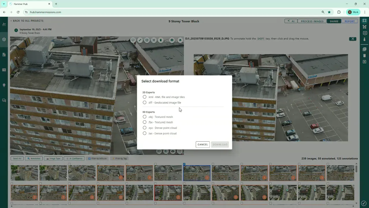 Clear screenshot of Hammer Hub 'Select download format' dialog listing .kml, .tiff, .obj, .fbx, .xyz, .las export options