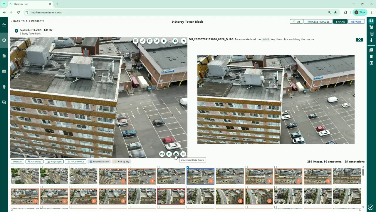 Hammer Hub project viewer showing rooftop model with the Download Data Assets control highlighted under the 3D model and a filmstrip of images below