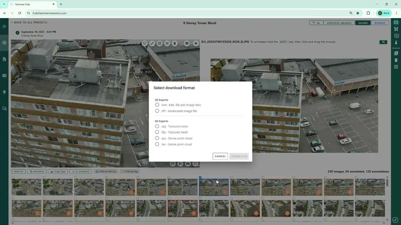 Hammer Hub 'Select download format' dialog showing 2D (.kml, .tiff) and 3D (.obj, .fbx, .xyz, .las) export options over a rooftop model in the viewer