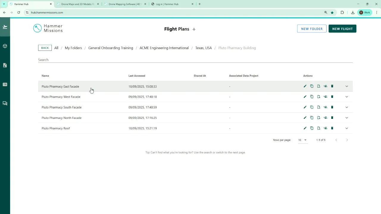Pluto Pharmacy Building folder with individual flight missions for each facade and the roof