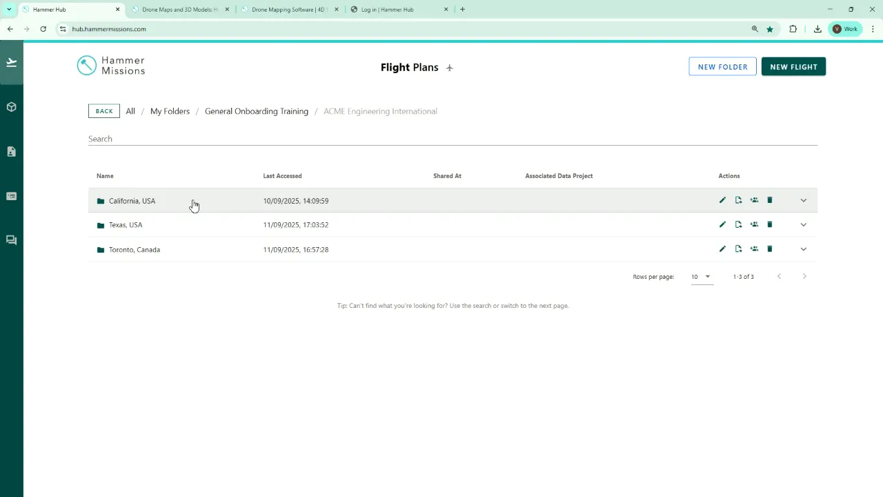 Left-hand mission planning panel showing Acme Engineering International and folder hierarchy