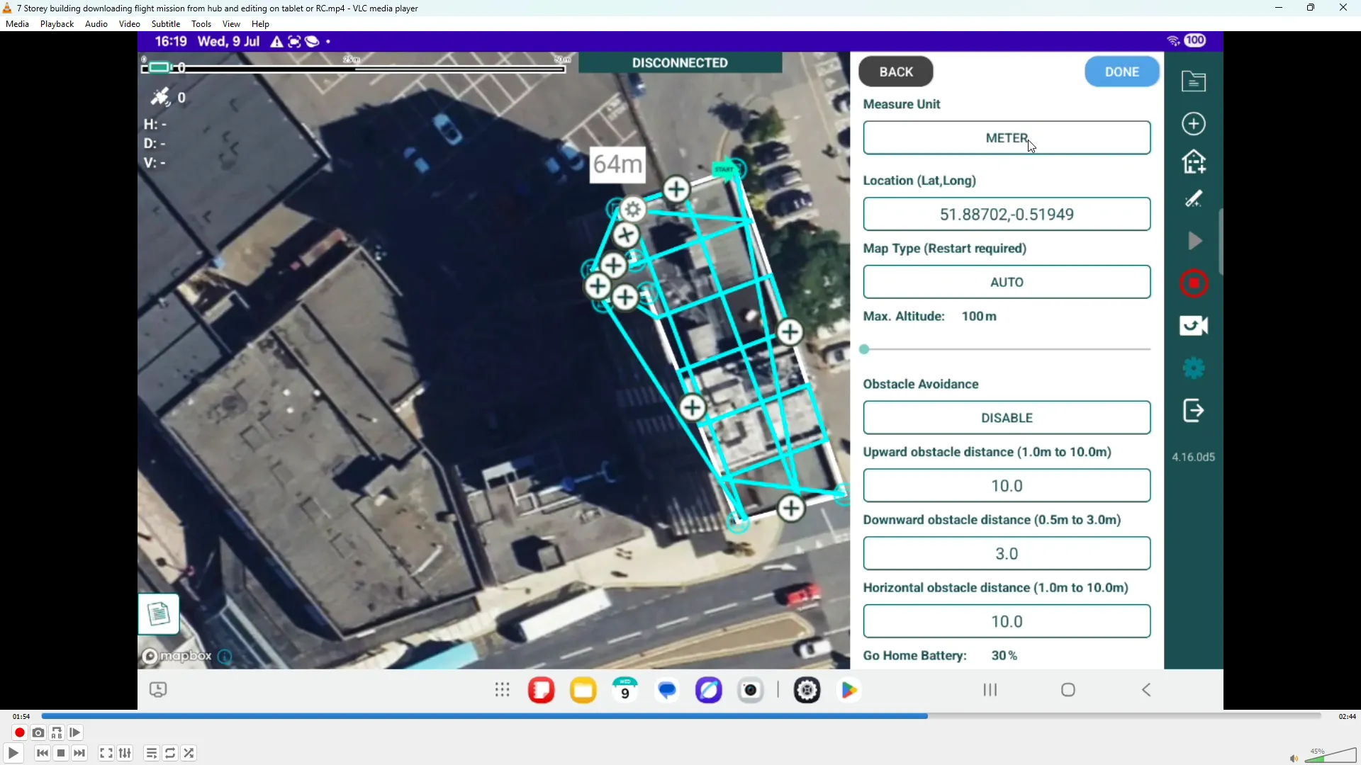 Drone settings menu showing measurement units and maximum altitude options