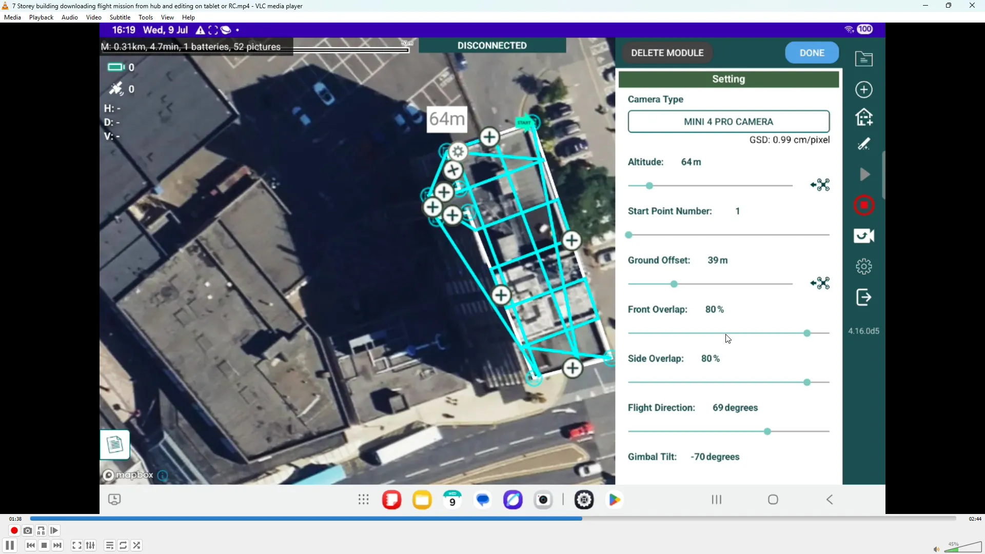 Open the cog icon to review flight parameters and safety settings