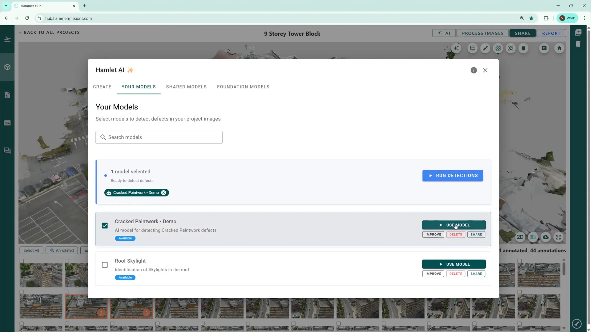 Selecting the cracked brickwork demo AI model