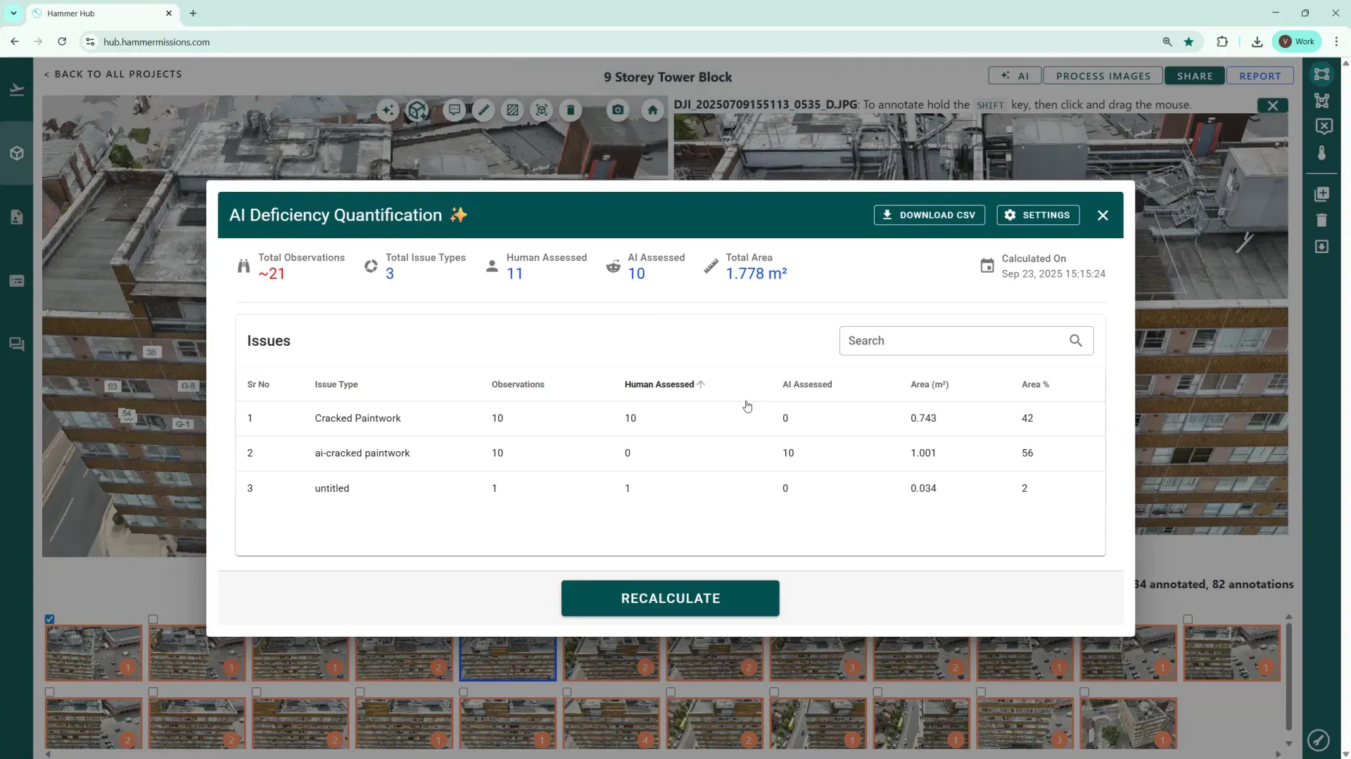 Running AI quantification to generate a defects table