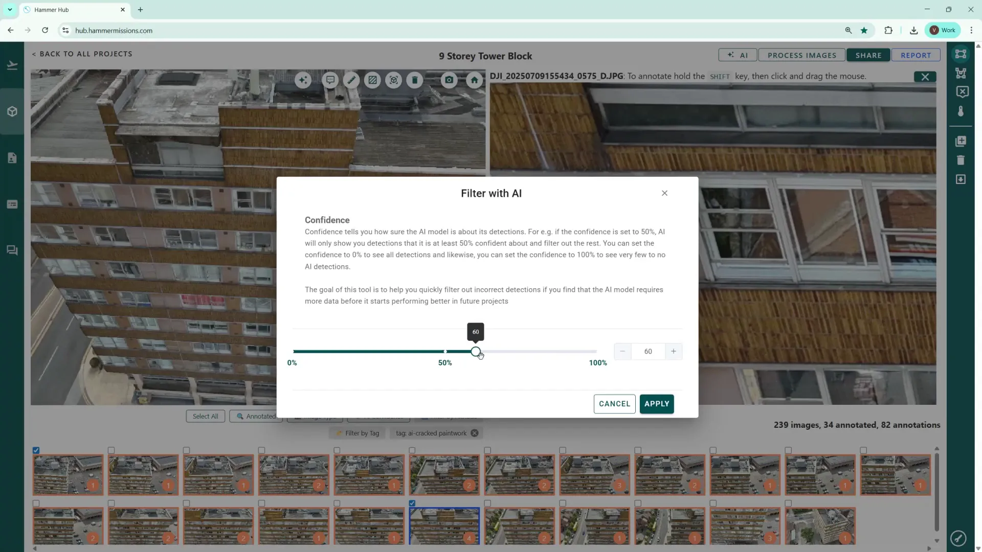 AI confidence slider used to adjust detection threshold