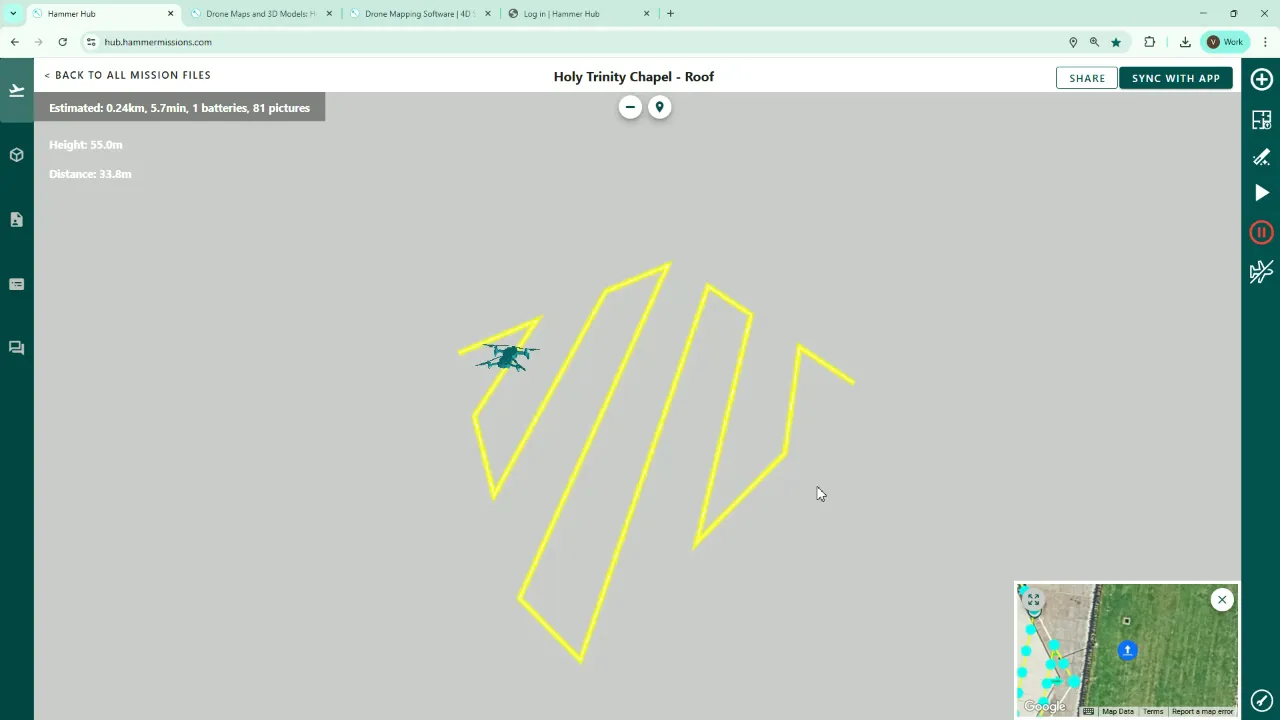 Simulator preview showing planned route and 3D view