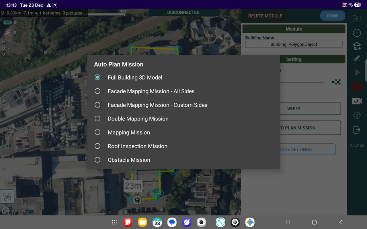 Auto Plan Mission dialog listing options including Full Building 3D Model and Facade Mapping Mission