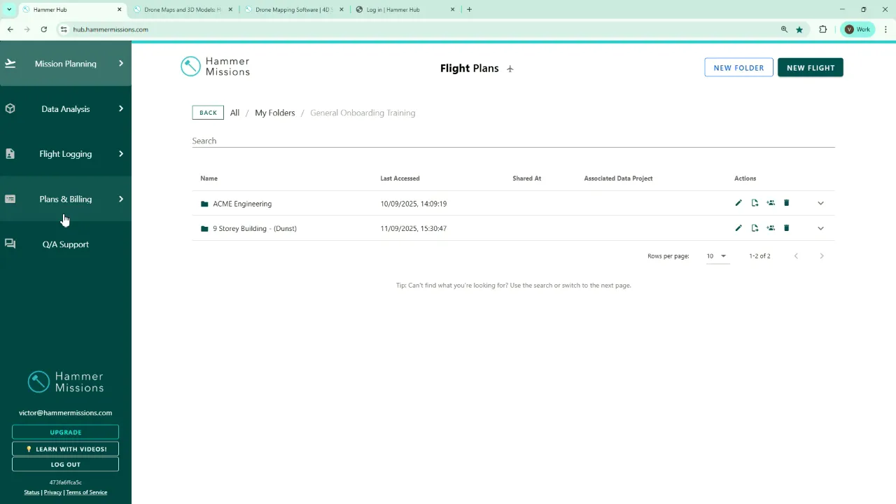 Dashboard with left-side menu showing Plans and Billing