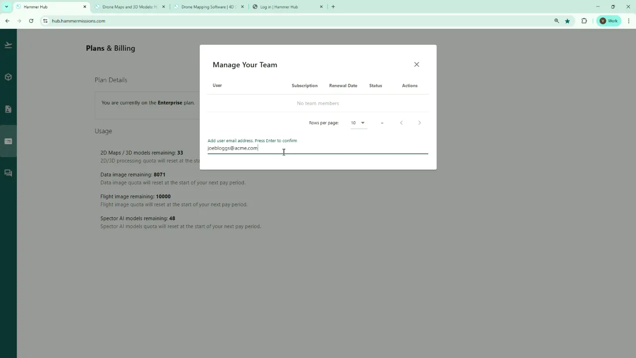 Manage your team input field for adding an email address
