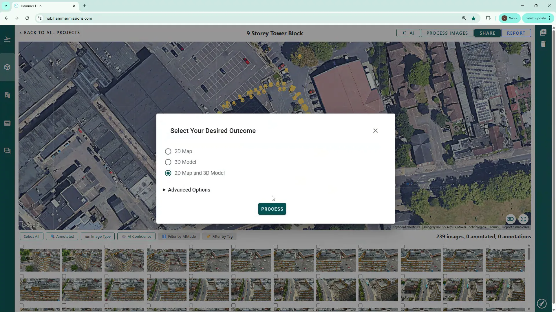 Process images menu showing 2D and 3D model options