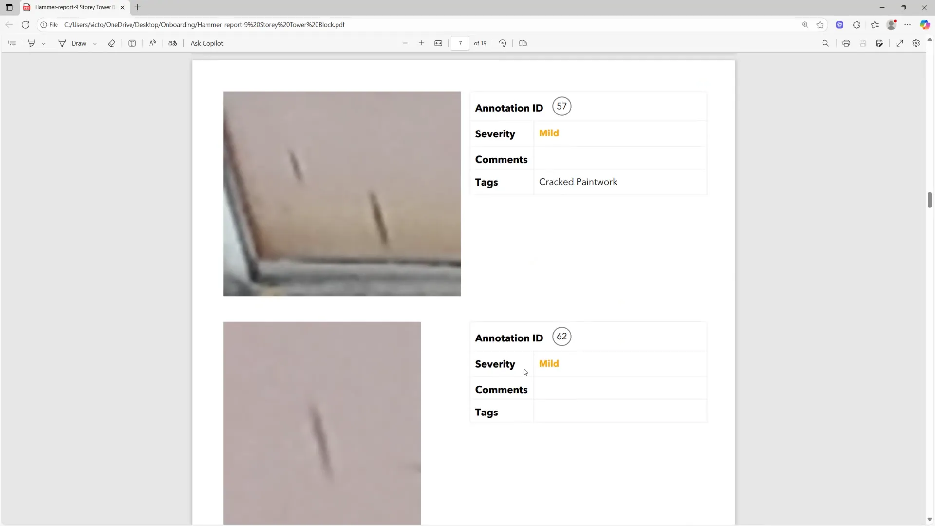 Example: link in the report jumping to the image showing the defect area