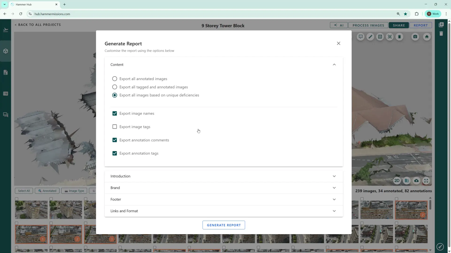 Selecting export options such as images and annotation comments